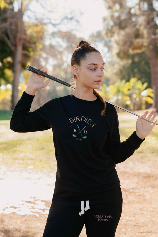 Fairway Unisex Long Sleeve Tee with Birdies in Black